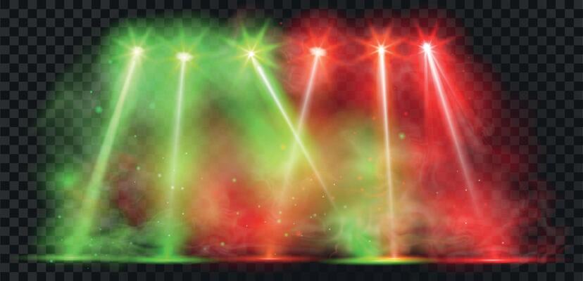 Night club colorful stage lights with smoke background. Realistic disco spotlight beams for music show. Party scene lamp rays vector effect