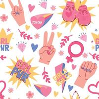 Feminist seamless pattern with female hands, fists and grl pwr slogans. Women sisterhood community power, motivation symbols vector print