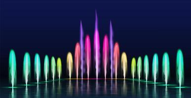 fuentes espectáculo. realista de colores bailando agua chorros en noche. fuente cascada con luces para parque decoración, 3d agua aerosoles vector conjunto