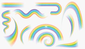 Realistic magic rainbow waves with stars and sparkle effect. Fantasy good luck rain arch. Rainbow colored shape, curve and spiral vector set