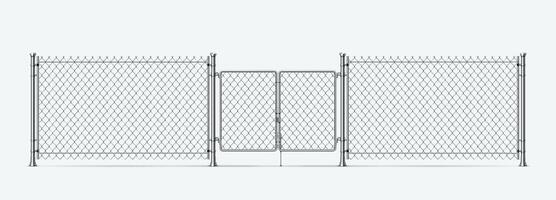 Realistic steel wire fence with gates and metal columns. Barrier chain link mesh with door. 3d prison or military wire border vector element