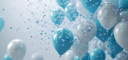 AI generated blue and white balloons with little blue and white confetti photo