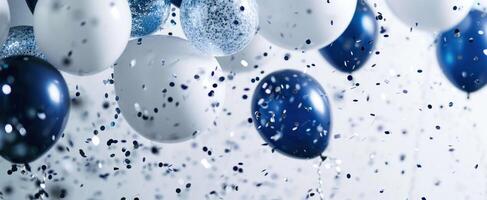 AI generated balloons on a white background and blue and white confetti photo