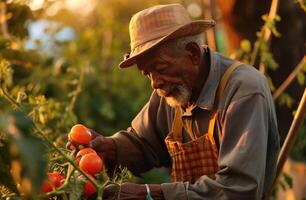AI generated an older man is picking tomatoes in his garden photo
