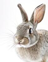 ai generado gris Conejo en un blanco antecedentes foto