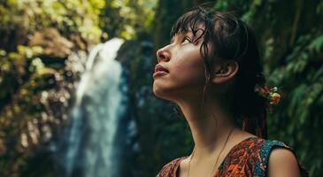 AI generated a young woman in front of a waterfall looking to the sky photo