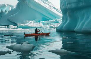 ai generado un mujer es flotante en un canoa debajo icebergs foto