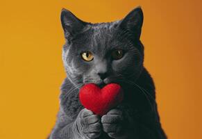 AI generated a grey cat holding a red heart photo