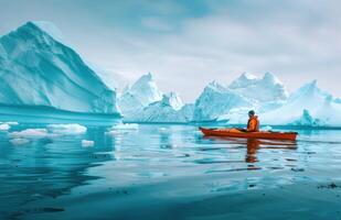 AI generated a woman is floating on a canoe under icebergs photo