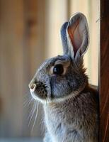 AI generated a gray rabbit is front camera and looking back or side ward photo