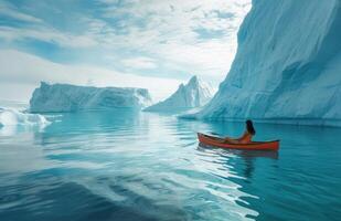 ai generado un mujer es flotante en un canoa debajo icebergs foto