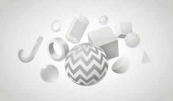 Abstract background design with 3d white geometric shapes. Graphic creative poster with realistic spheres and cubes. Vector geometry figures