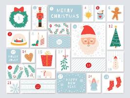 Navidad adviento calendario. diciembre dias cuenta regresiva con presenta Días festivos linda artesanía calendario con números y cajas vector modelo