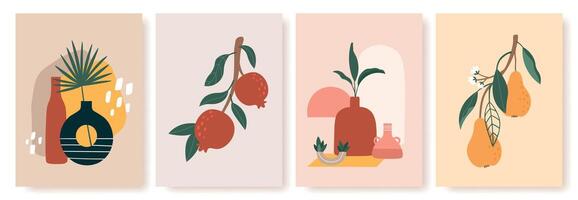 Vase and fruit print. Still life with ceramics and fruits pears, pomegranates on branch with leaves. Modern scandinavian posters vector set