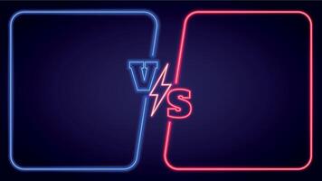 Blue vs red team battle neon background with glowing frames. Fight banner with versus symbol and lightning. Duel competition vector template