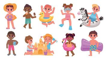 Cartoon kids at summer beach in swimming suit and inflatable ring. Children at vacation resort make sand castle and eat ice cream vector set