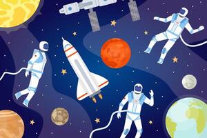 Cosmic background with astronauts. Outer space with spaceship, planets, stars and spaceman exploring cosmos. Cartoon universe vector banner