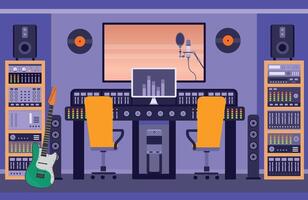 Music recording studio room with loudspeakers, guitar and control panels. Radio booth for singer and bands. Song audio record vector concept