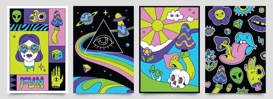 Retro psychedelic hippie posters with space, mushrooms and rainbows. 70s abstract covers with skull, floating eyes, crazy lips vector set