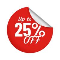 Discount for product up to 25 percent red sticker with bent edge. Sale promotion for shop or store circle badge vector