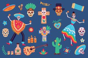 Day of dead elements. Skeleton characters in mexican clothes, sugar skull, sombrero, cactus and tequila. Dia de los Muertos party vector set