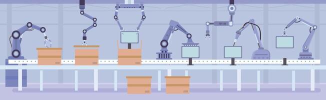 Flat automated robot arms on factory assembly line. Manufacture conveyor with products and boxes. Industry automation machine vector concept