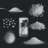 Realistic salt. 3d white salty powder spice in spoon. Sea edible rock salt in glass shaker bottle, grains and piles. Seasoning vector set