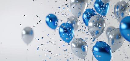 AI generated blue and silver balloons falling off a white background photo