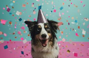 AI generated cute dog wearing a party hat photo