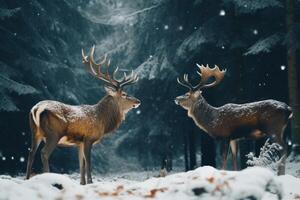ai generado ciervo en celo en nieve bosque foto