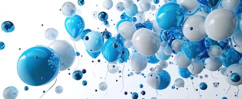 AI generated blue and white colorful balloons fly on a white background photo