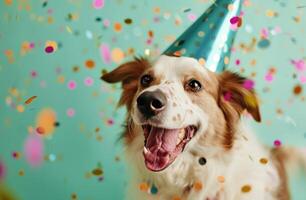 ai generado linda perro vistiendo un fiesta sombrero foto