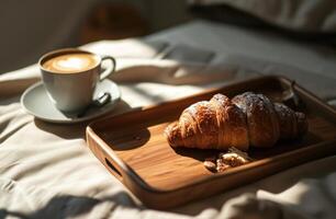 AI generated coffee and a croissant next to a wooden tray photo