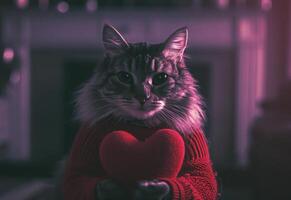 AI generated cat in a red sweater holding a heart photo