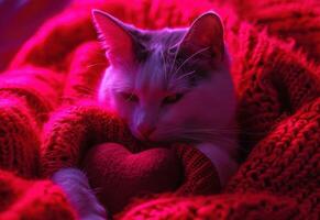 AI generated cat in a red sweater holding a heart photo