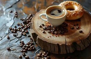 AI generated coffee and bagel on wooden plate photo
