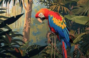 AI generated macaw in the wild garden, bold chromaticity photo