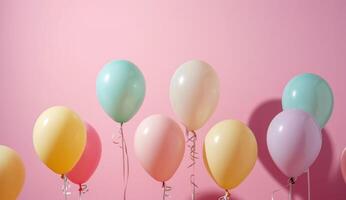 ai generado muchos vistoso globos son en frente de un ligero rosado antecedentes foto