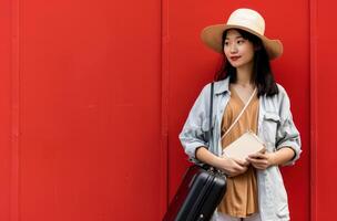 ai generado asiático mujer participación un maleta con un libro en contra rojo pared foto