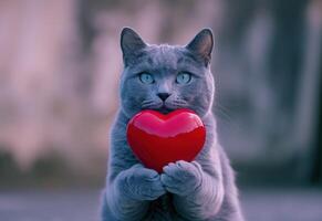 AI generated grey cat holding a red heart photo