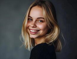 ai generado rubia niña posando, sonriente a cámara mientras sonriente en gris antecedentes foto