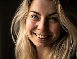 ai generado rubia niña posando, sonriente a cámara mientras sonriente en gris antecedentes foto