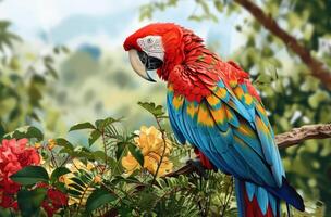 AI generated macaw in the wild garden, bold chromaticity photo