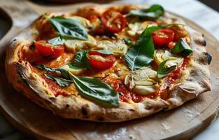 AI generated mediterranean pizza with artichoke tomatoes and basil photo