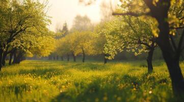 ai generado un vacío campo lleno de arboles y verde césped foto