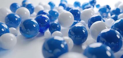 ai generado múltiple azul y blanco globos en un blanco superficie foto