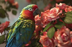 AI generated parrot and roses wallpaper, photo