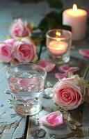 AI generated pink roses and candles with candles photo