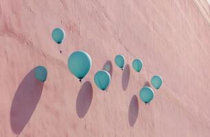 ai generado azul aire globos flotante terminado un rosado pared foto