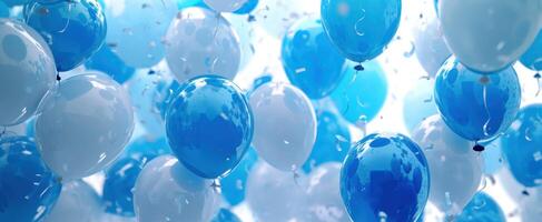 AI generated blue and white colorful balloons fly on a white background photo